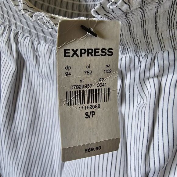 NWT EXPRESS PINSTRIPE BOATNECK SMOCKED/OFF SHOULDER BELTED SHORT DRESS SMALL - Picture 13 of 15